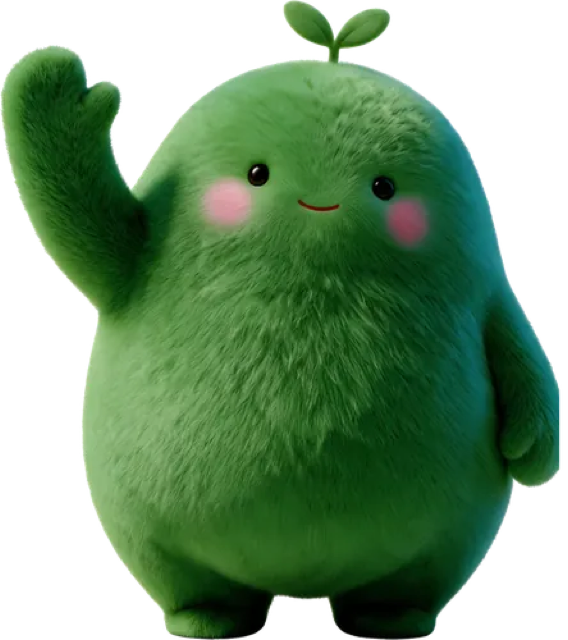 Foli, a small green mascot, waving