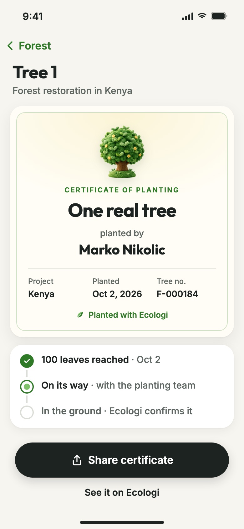 A tree certificate